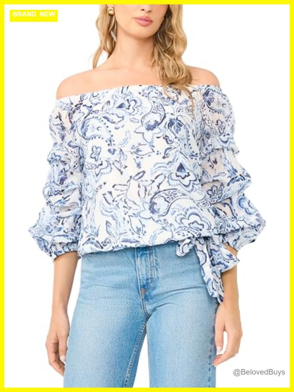 Off the Shoulder Paisley Bubble Sleeve Blouse